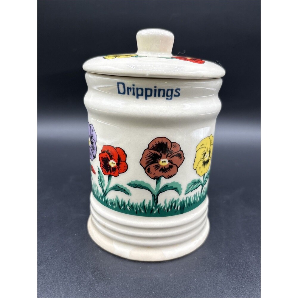 Vintage Ceramic Drippings Jar With Lid Featuring Pansy Flowers